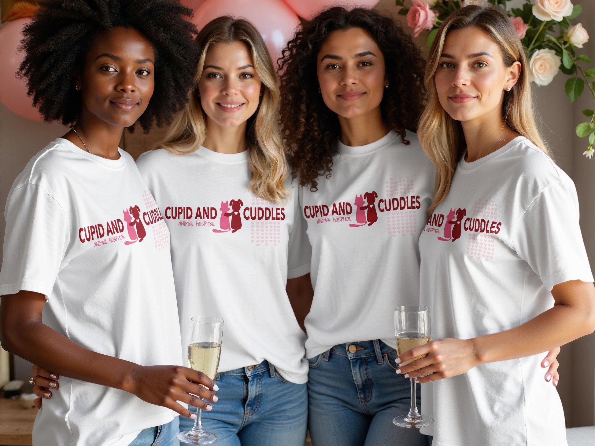 Four women in "Cupid and Cuddles Animal Hospital" t-shirts hold champagne flutes.