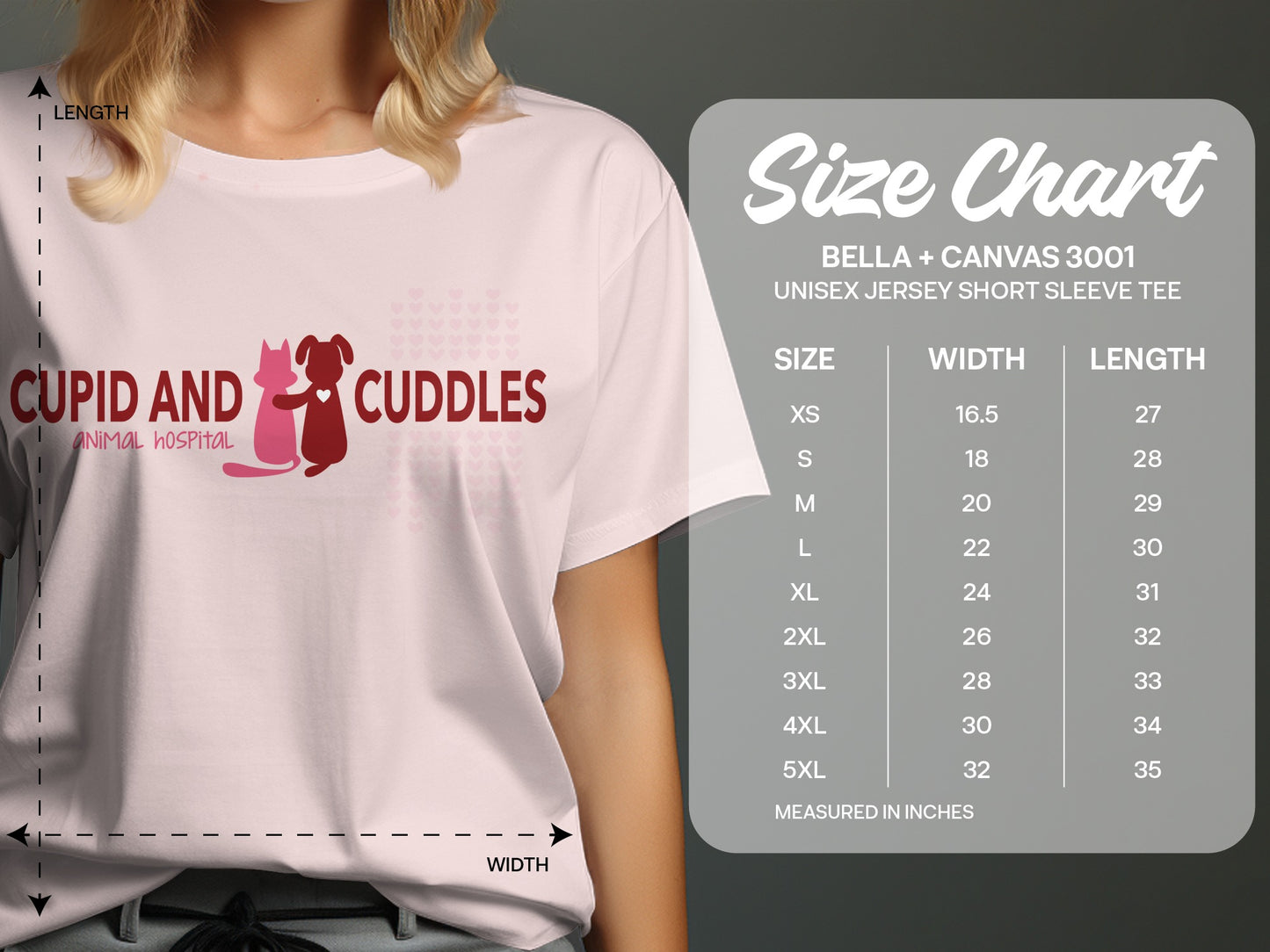 T-shirt with "Cupid and Cuddles Animal Hospital" graphic and a size chart.