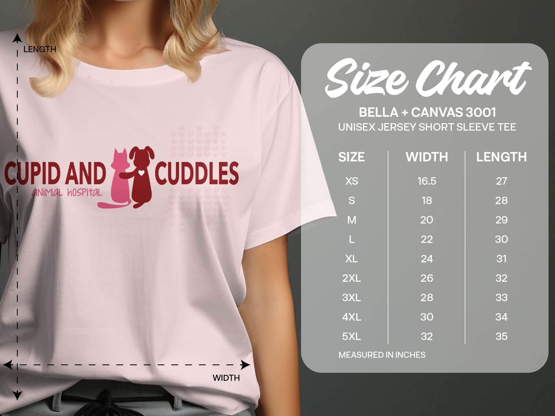T-shirt with "Cupid and Cuddles Animal Hospital" graphic and a size chart.