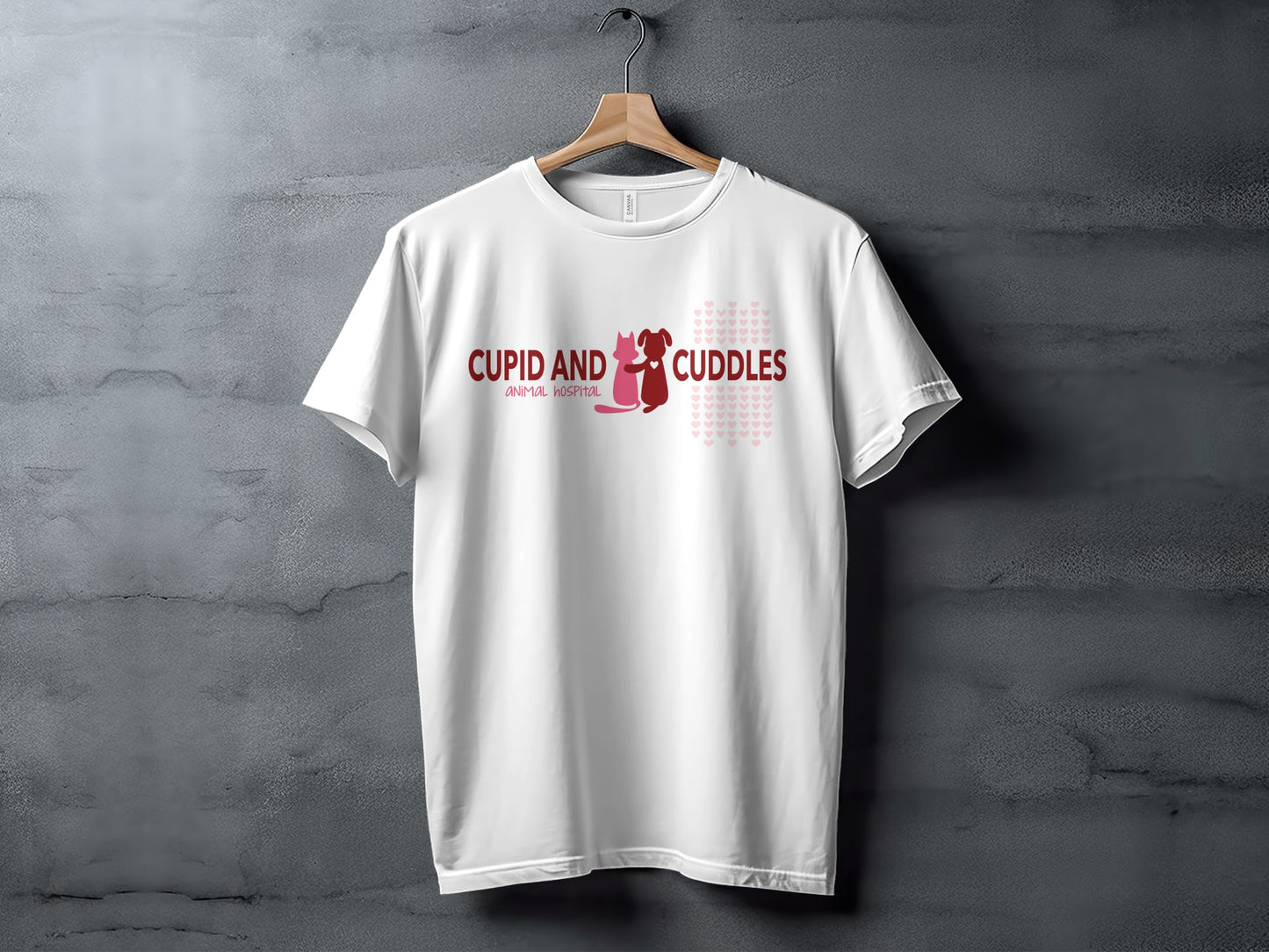 White t-shirt with "CUPID AND CUDDLES" and animal logos.