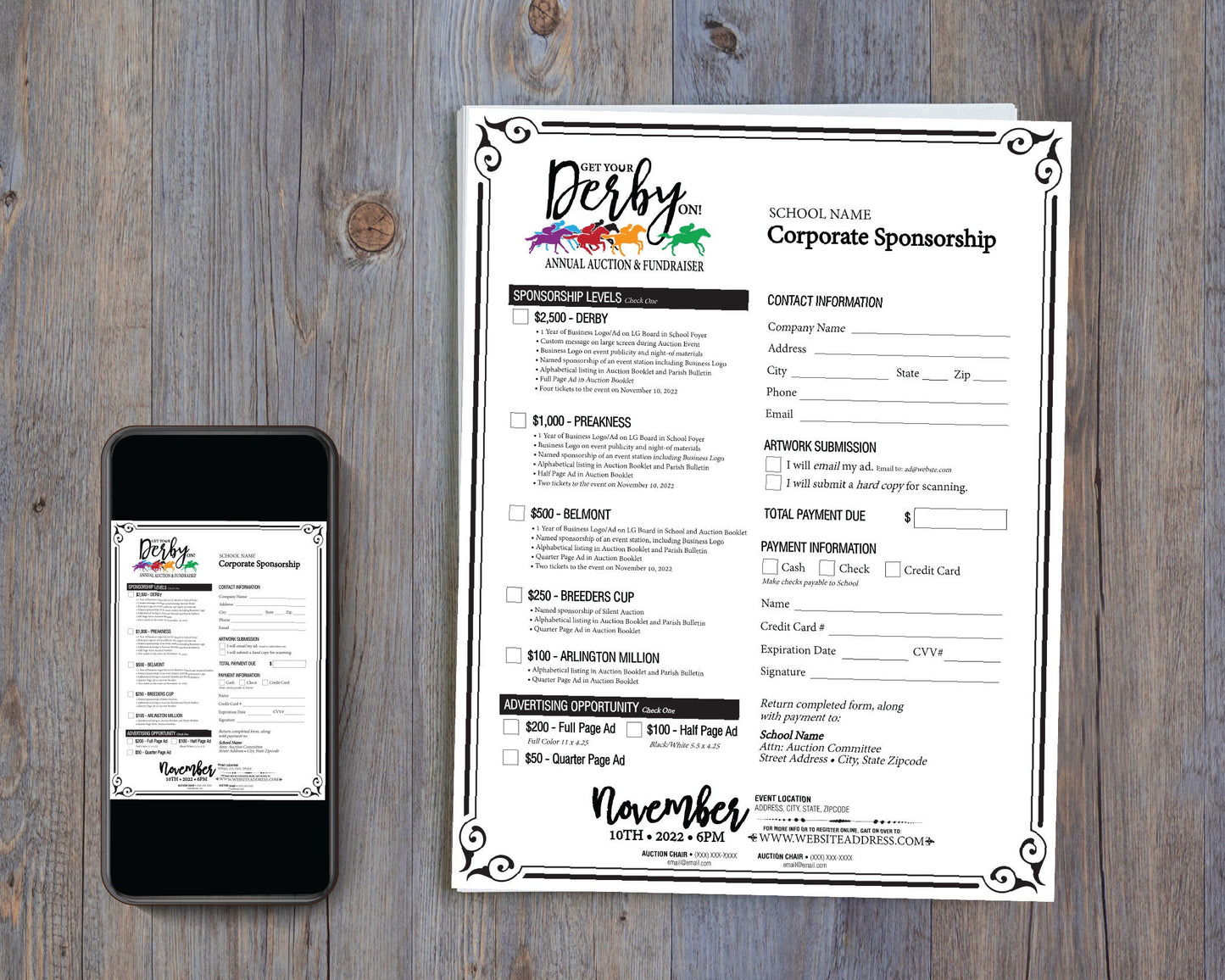 Get Your Derby On Fundraiser 8.5x11 Flyer, Sponsor Acquisition, Edit Online, Personalize, Customizable, Print at Home, Send Email or Text