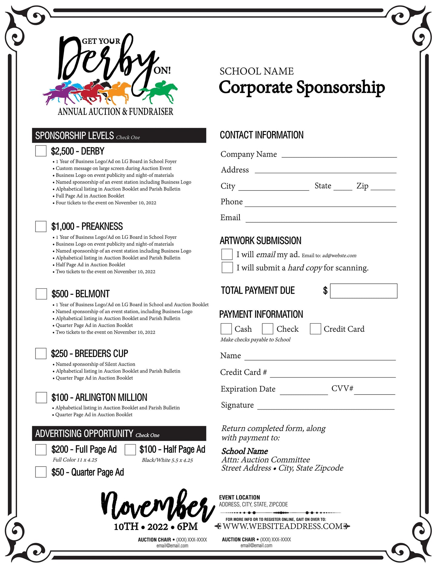 Get Your Derby On Fundraiser 8.5x11 Flyer, Sponsor Acquisition, Edit Online, Personalize, Customizable, Print at Home, Send Email or Text