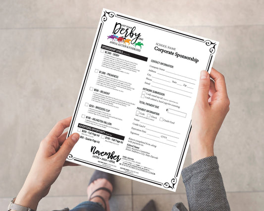 Get Your Derby On Fundraiser 8.5x11 Flyer, Sponsor Acquisition, Edit Online, Personalize, Customizable, Print at Home, Send Email or Text