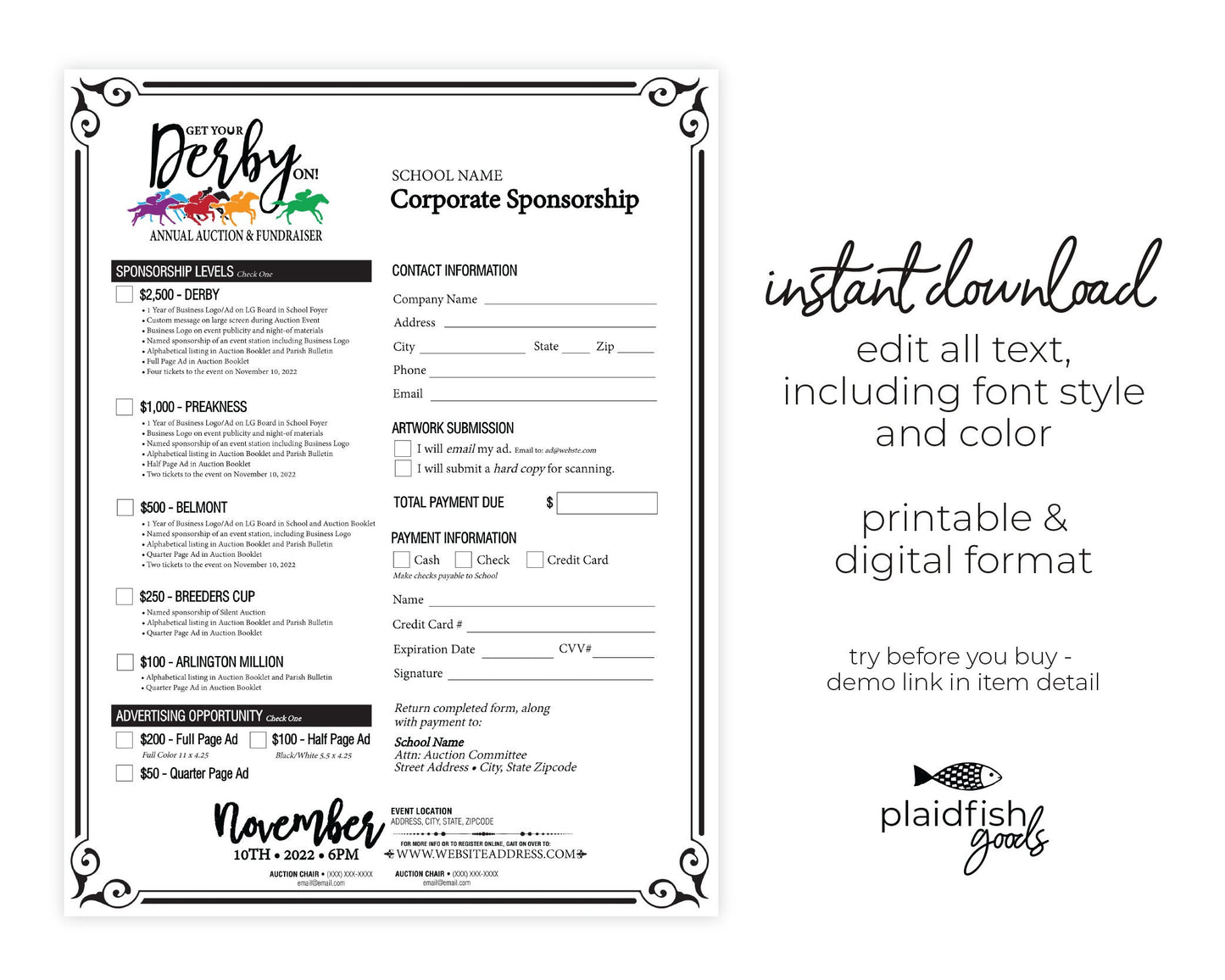 Get Your Derby On Fundraiser 8.5x11 Flyer, Sponsor Acquisition, Edit Online, Personalize, Customizable, Print at Home, Send Email or Text