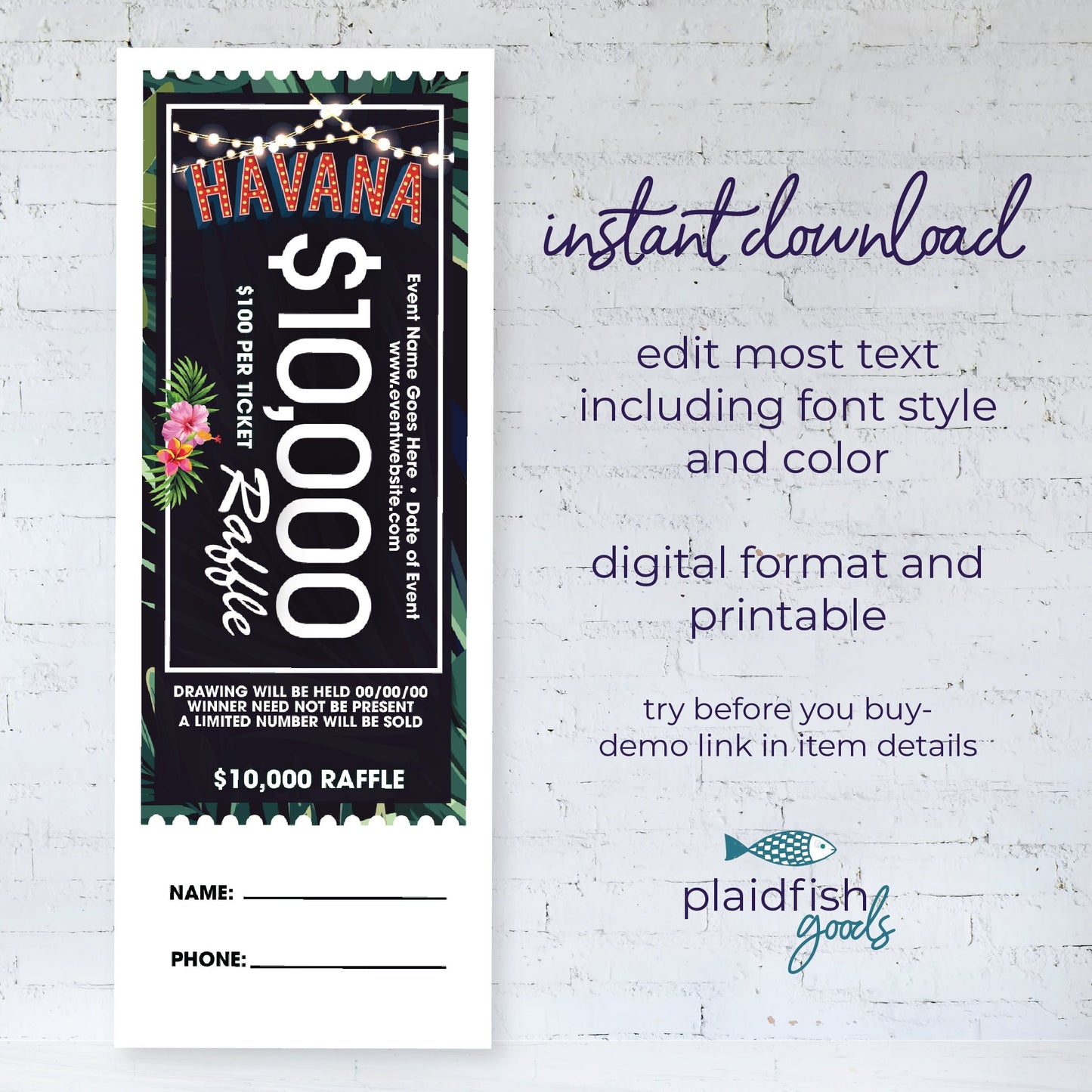 Havana Night Raffle Ticket, Digital Download, Editable Fundraising for Schools or Organizations