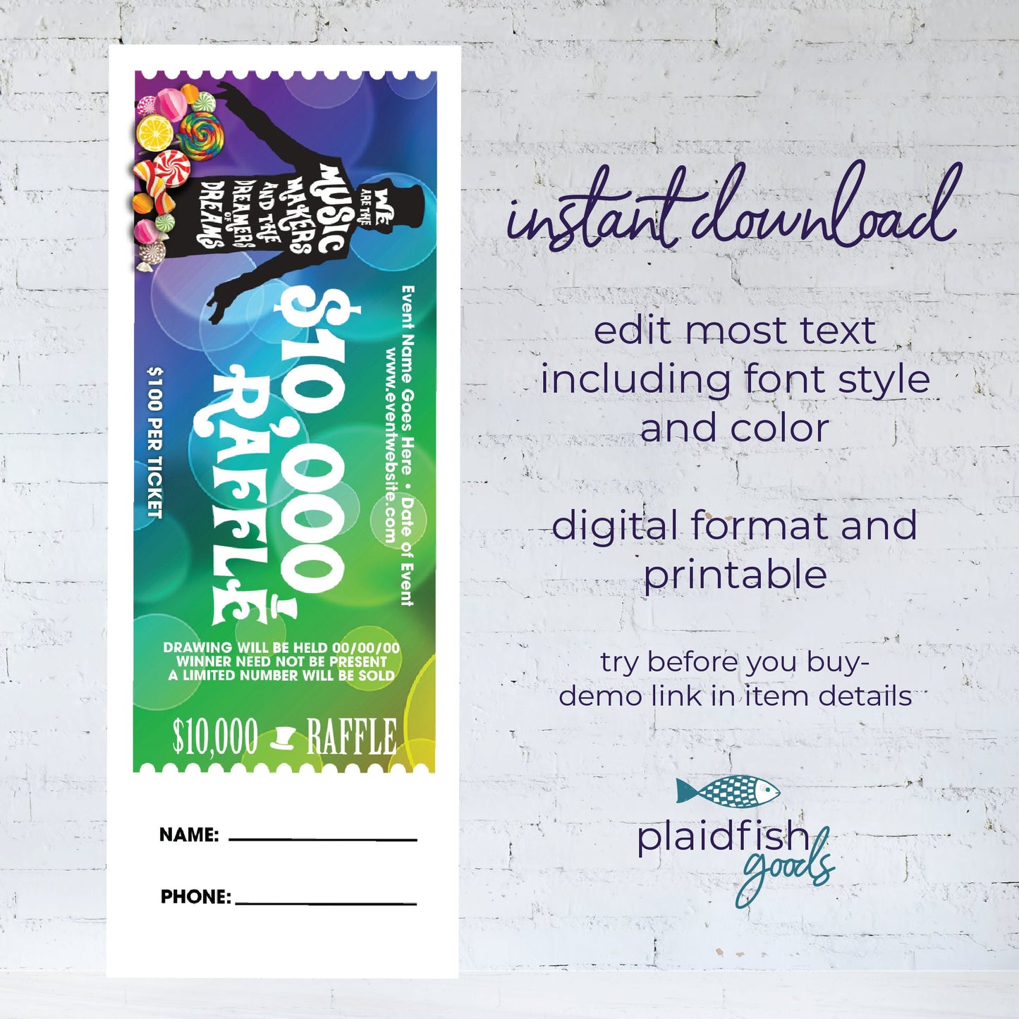 Candy Factory Raffle Ticket, Digital Download, Editable Fundraising for Schools or Organizations