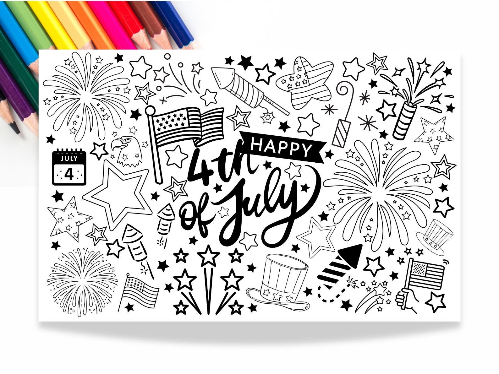 Summer place mat, coloring page, table activity, printable, downloadable, summer fun, 4th of July, Independence Day, fireworks, summer, Class Party, coloring activity, stars, stripes, uncle sam, colored pencils, markers