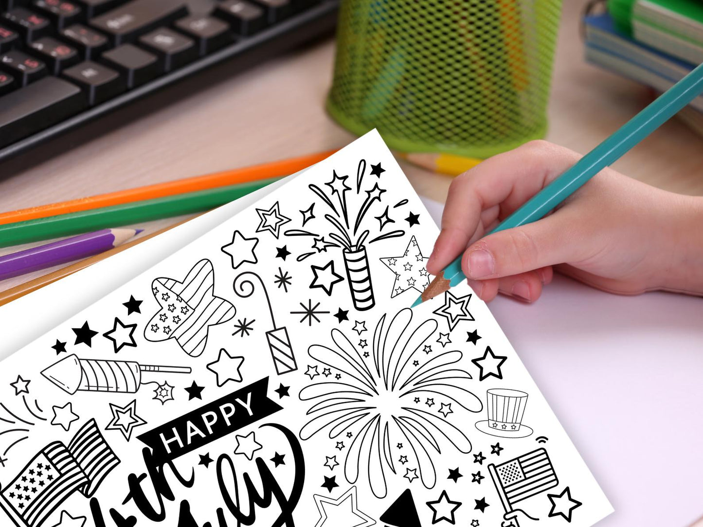 Summer place mat, coloring page, table activity, printable, downloadable, summer fun, 4th of July, Independence Day, fireworks, summer, Class Party, coloring activity, stars, stripes, uncle sam, colored pencils, markers