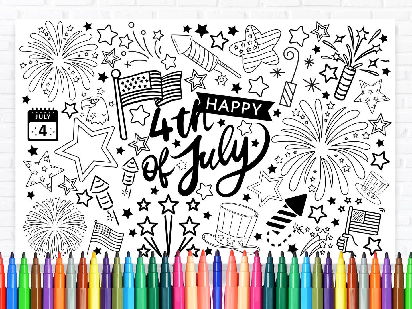 Summer place mat, coloring page, table activity, printable, downloadable, summer fun, 4th of July, Independence Day, fireworks, summer, Class Party, coloring activity, stars, stripes, uncle sam, colored pencils, markers