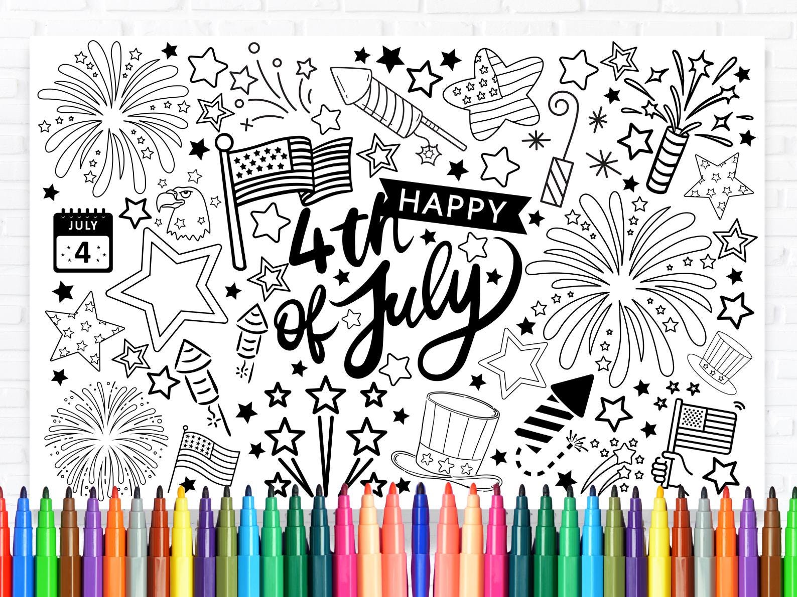 Summer place mat, coloring page, table activity, printable, downloadable, summer fun, 4th of July, Independence Day, fireworks, summer, Class Party, coloring activity, stars, stripes, uncle sam, colored pencils, markers