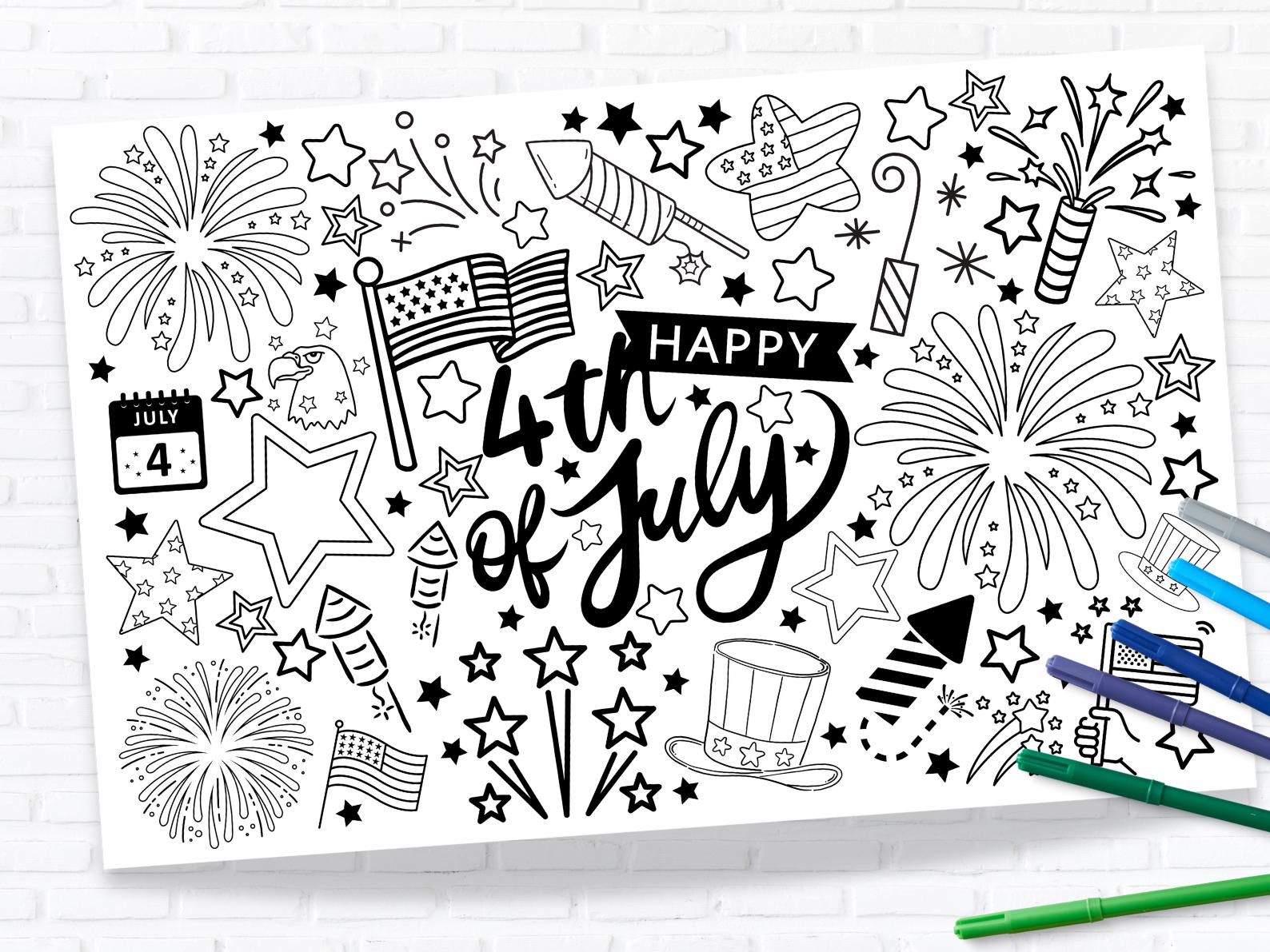 Summer place mat, coloring page, table activity, printable, downloadable, summer fun, 4th of July, Independence Day, fireworks, summer, Class Party, coloring activity, stars, stripes, uncle sam, colored pencils, markers
