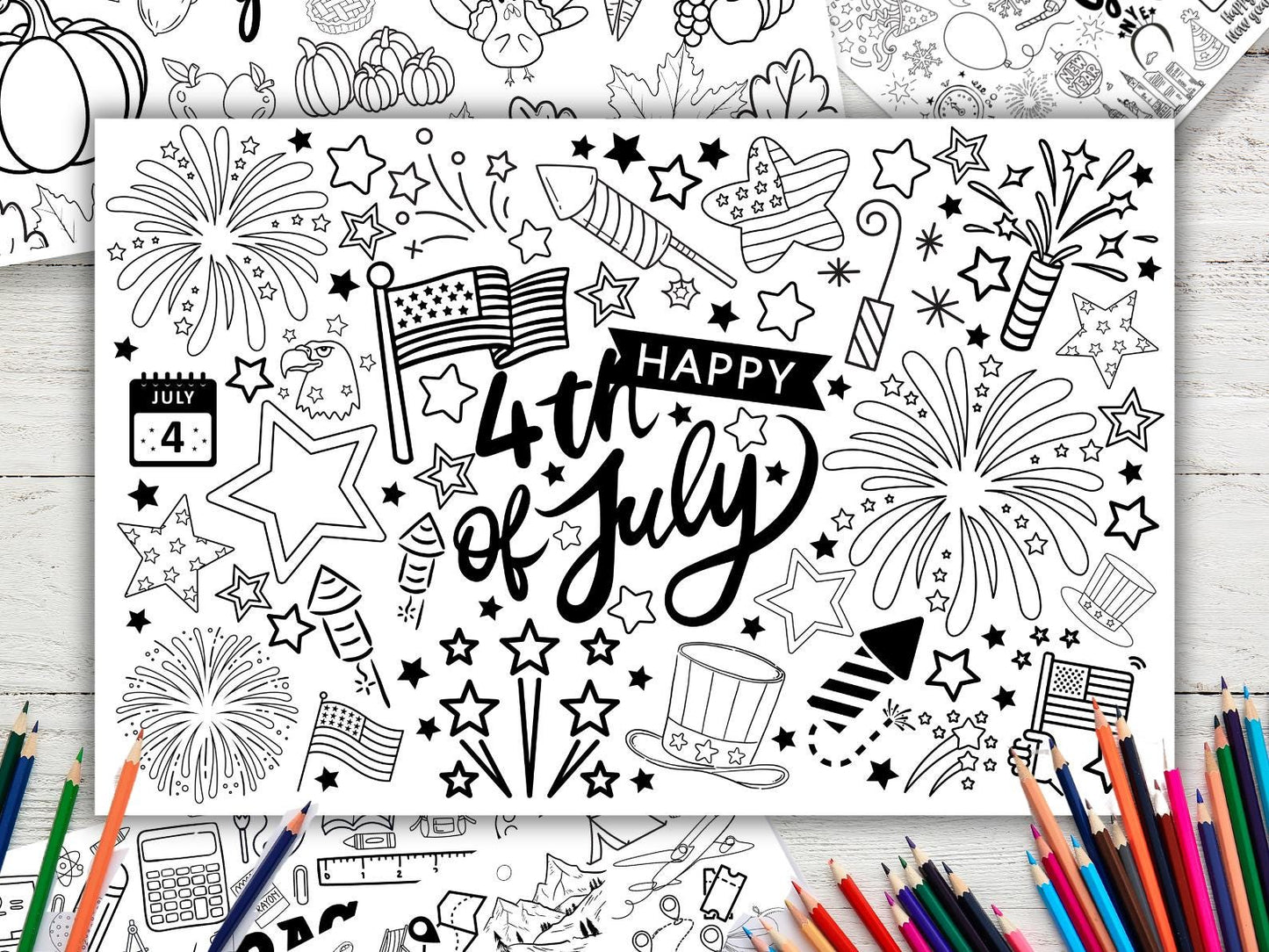 Summer place mat, coloring page, table activity, printable, downloadable, summer fun, 4th of July, Independence Day, fireworks, summer, Class Party, coloring activity, stars, stripes, uncle sam, colored pencils, markers