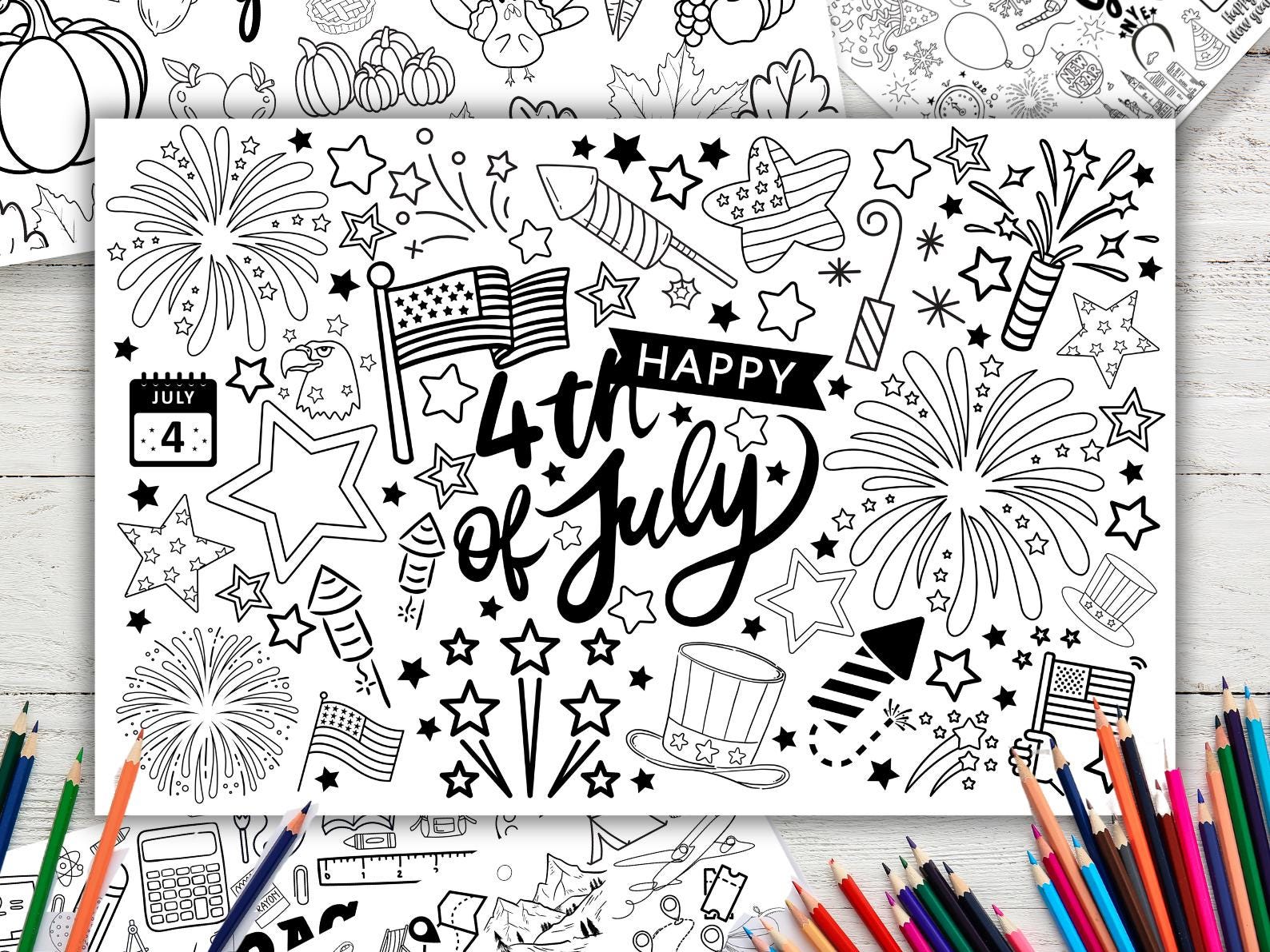 Summer place mat, coloring page, table activity, printable, downloadable, summer fun, 4th of July, Independence Day, fireworks, summer, Class Party, coloring activity, stars, stripes, uncle sam, colored pencils, markers
