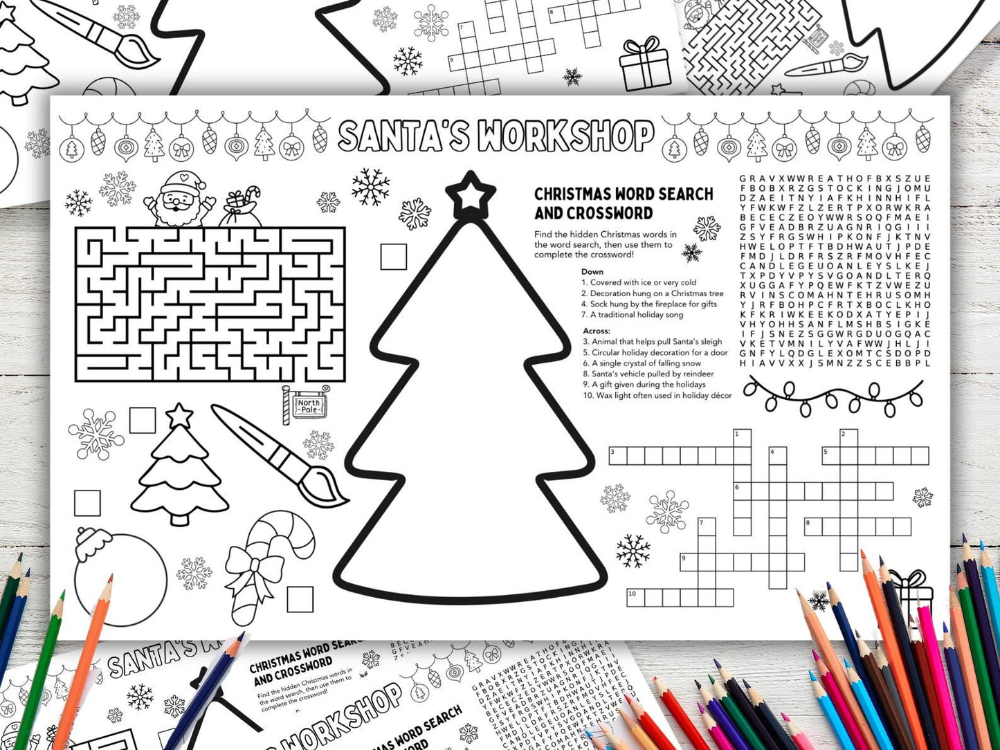 Christmas Activity Placemat | Santa's Worksheet, Games (Legal Size PDF & Canva Template)