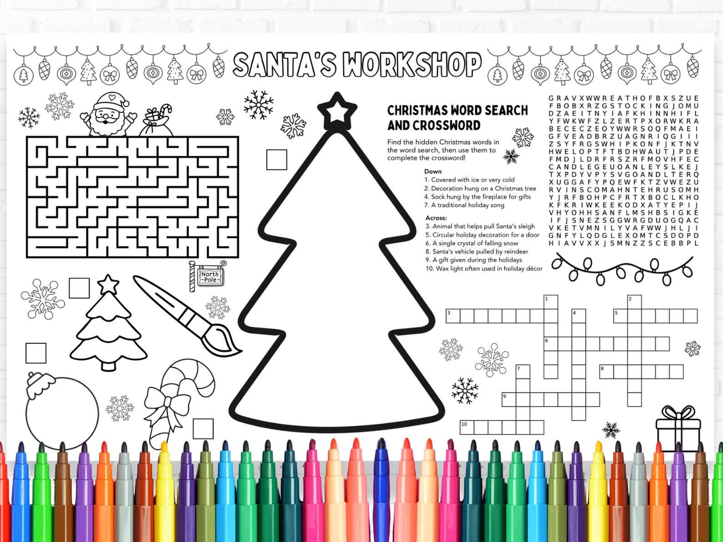 Christmas Activity Placemat | Santa's Worksheet, Games (Legal Size PDF & Canva Template)