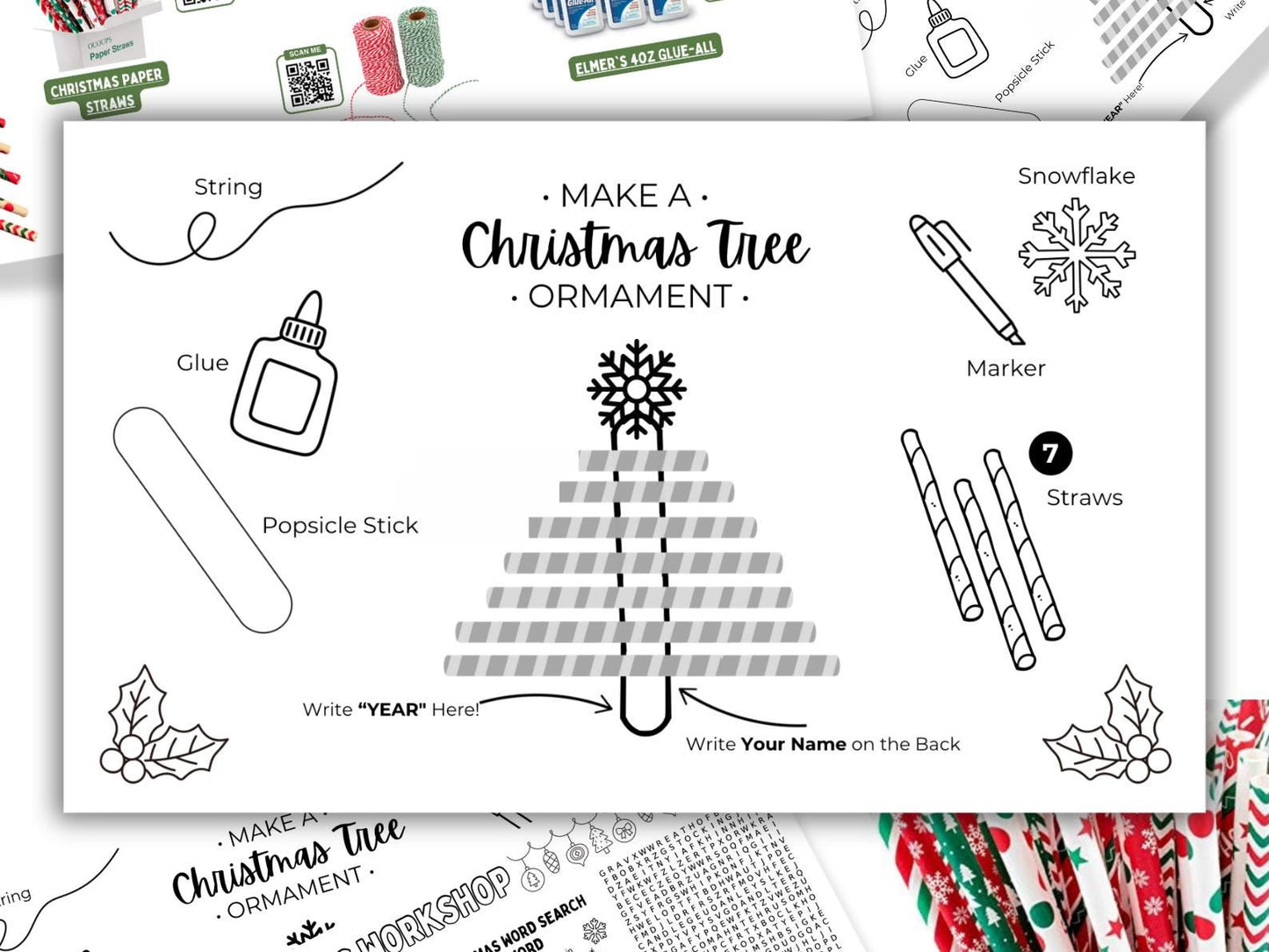 Christmas Tree Ornament Craft Placemat, Kids Holiday Activity (PDF Printable and Canva Template)