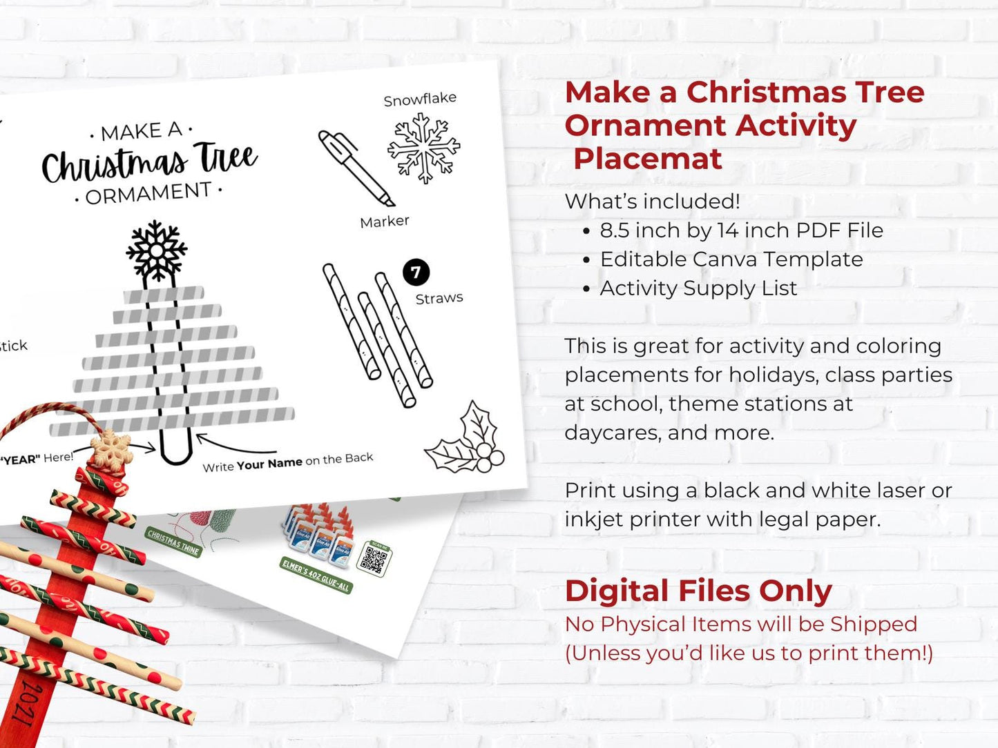 Christmas Tree Ornament Craft Placemat, Kids Holiday Activity (PDF Printable and Canva Template)
