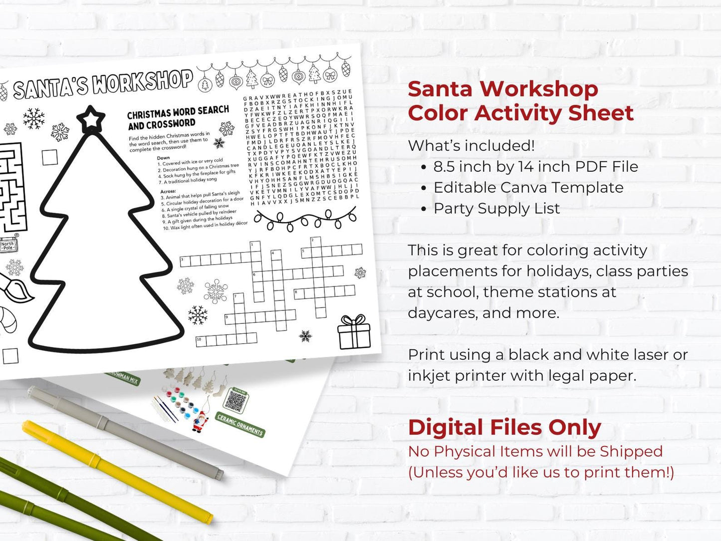 Christmas Activity Placemat | Santa's Worksheet, Games (Legal Size PDF & Canva Template)