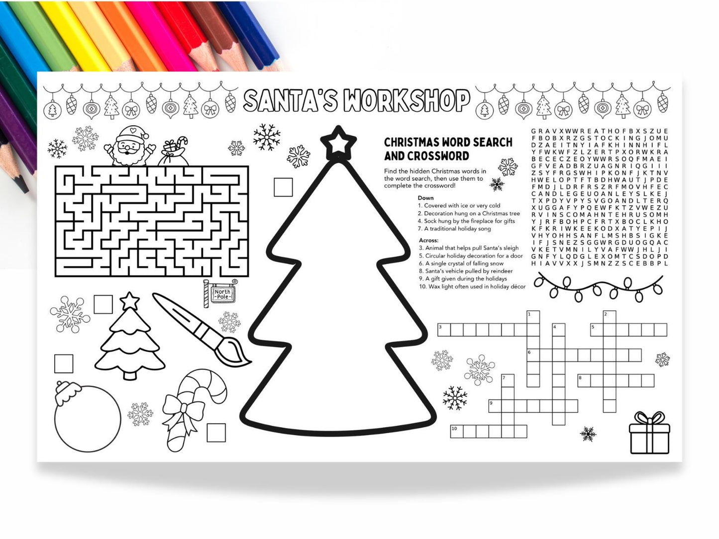 Christmas Activity Placemat | Santa's Worksheet, Games (Legal Size PDF & Canva Template)