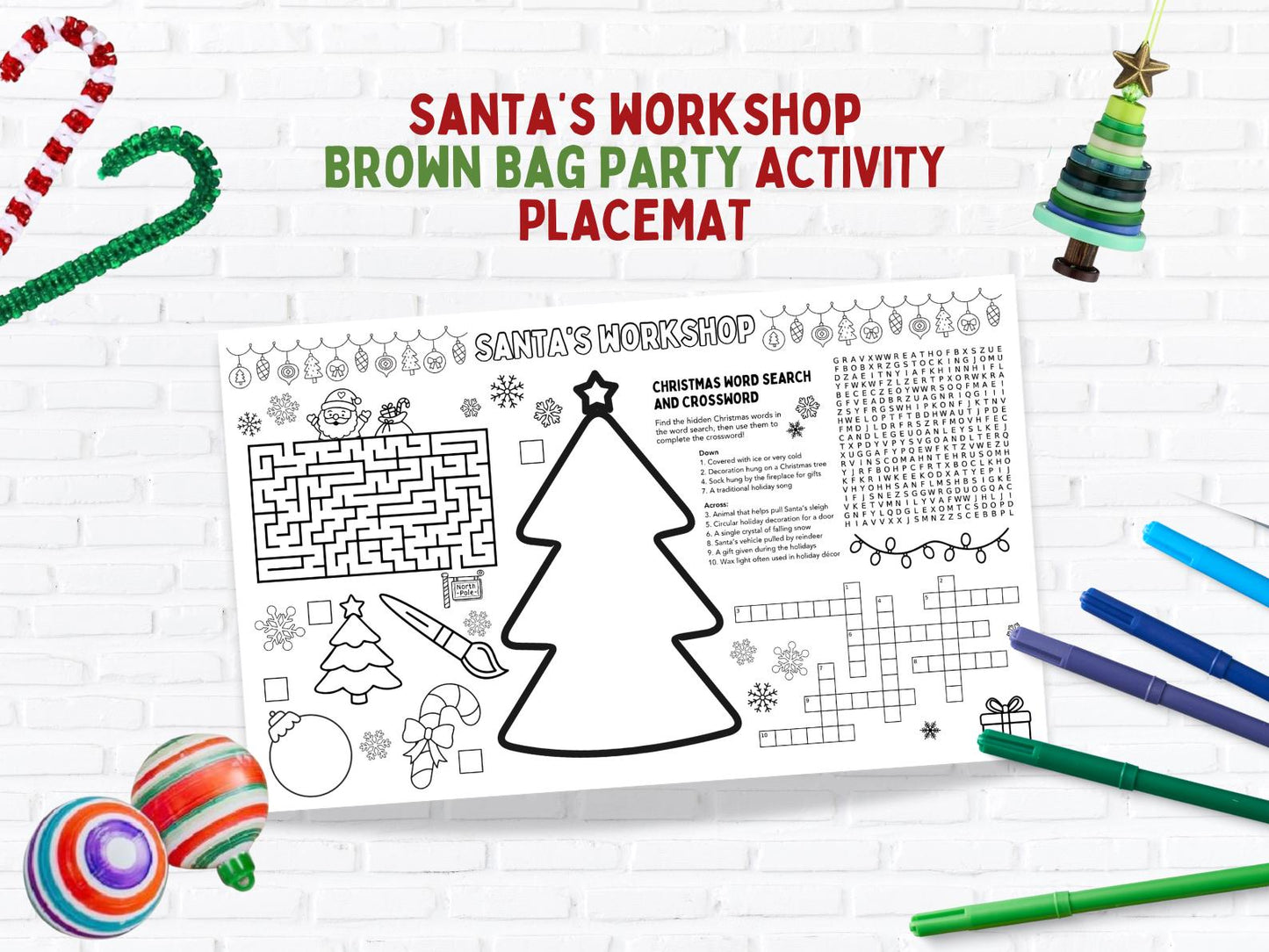Santa’s Worksheet Placemat Printable | Christmas Kids Activity Mat | Holiday Party Table Activity | Legal Size PDF & Canva Template