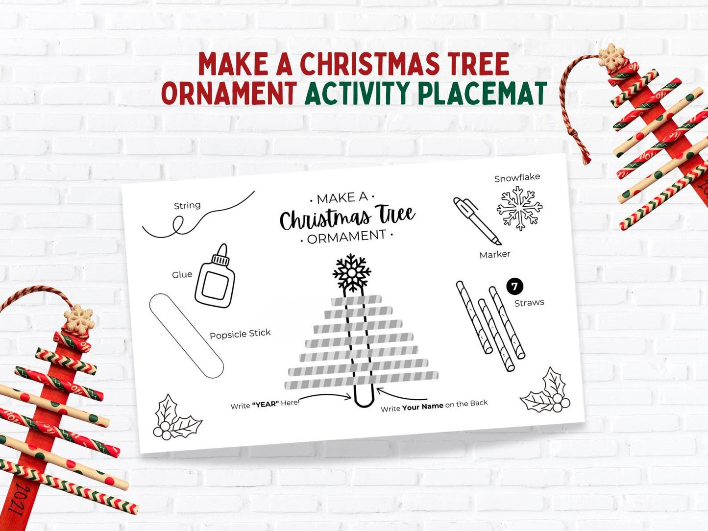 Christmas Ornament Craft Placemat for Kids, Printable Holiday Activity, Classroom Party Craft, Popsicle Stick Tree DIY PDF Canva Template