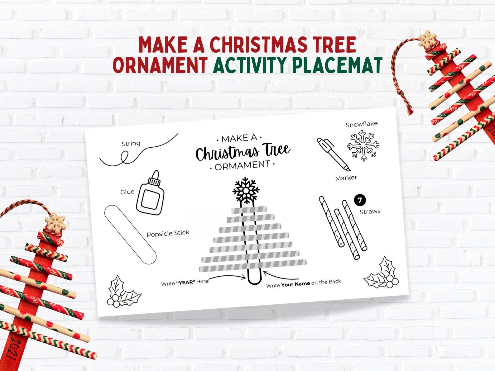 Christmas Ornament Craft Placemat for Kids, Printable Holiday Activity, Classroom Party Craft, Popsicle Stick Tree DIY PDF Canva Template