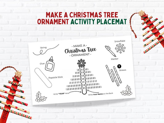 Christmas Ornament Craft Placemat for Kids, Printable Holiday Activity, Classroom Party Craft, Popsicle Stick Tree DIY PDF Canva Template