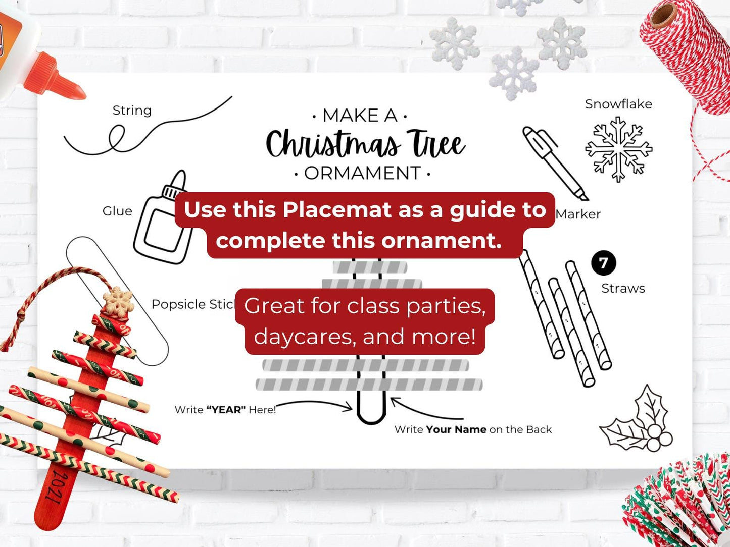 Christmas Tree Ornament Craft Placemat, Kids Holiday Activity (PDF Printable and Canva Template)